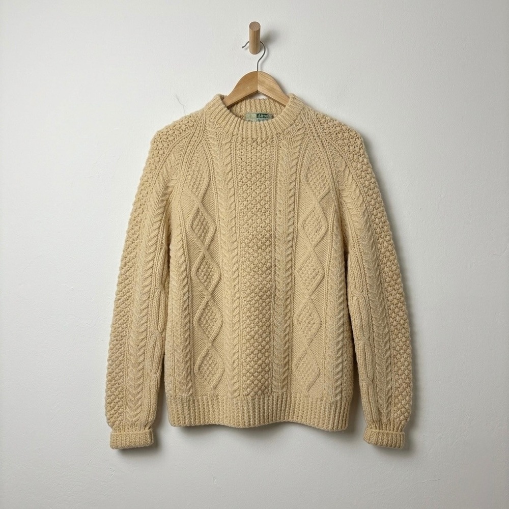 John Molloy Ireland Aran Cable Knit Sweater Mens Cream Wool Handknit Macys VTG